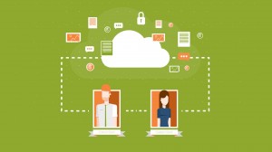 cartoon graphic of two people sharing information in the cloud